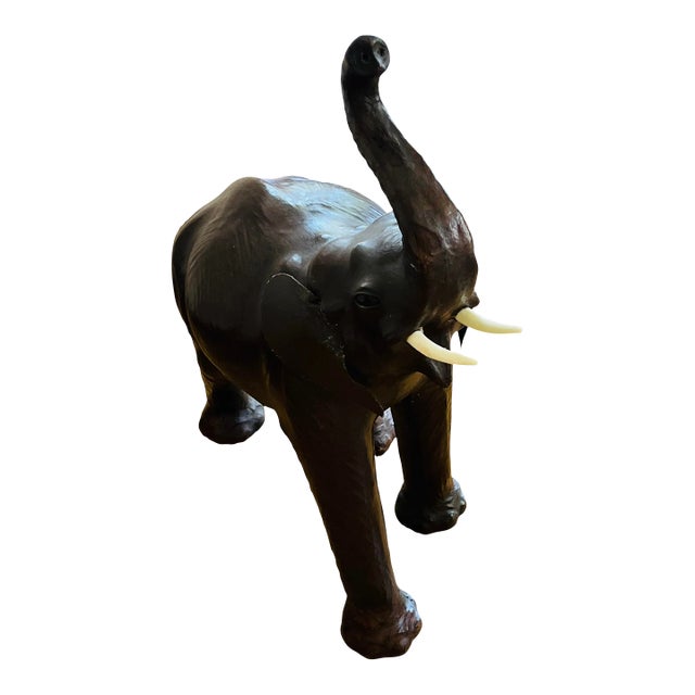 1980s Ellie the Elephant Large Trunk Up Leather Wrapped Lucky Elephant Figurine For Sale