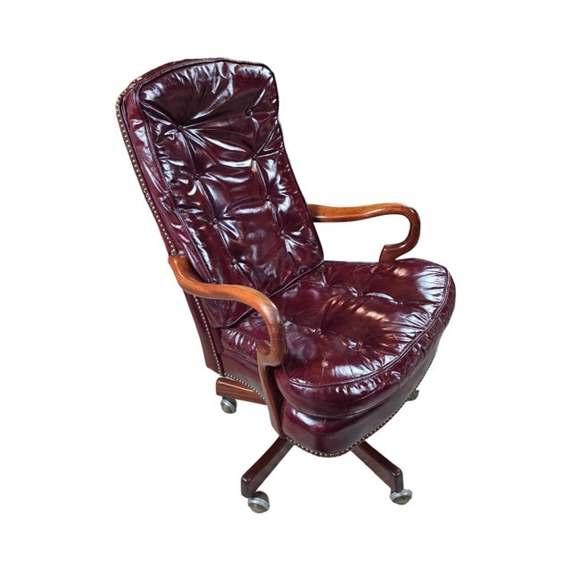Burgundy 1994 Classic Leather Burgundy Top-Grain Leather Tufted Executive Swivel Chairs – Pair For Sale - Image 8 of 12