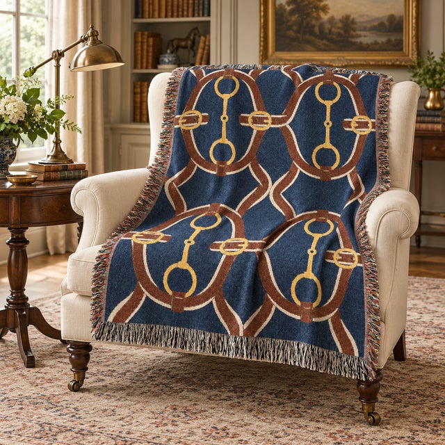 English Equestrian Bridle Woven Throw Blanket – Cotton Tapestry With Fringe, 60 × 50 For Sale - Image 3 of 5