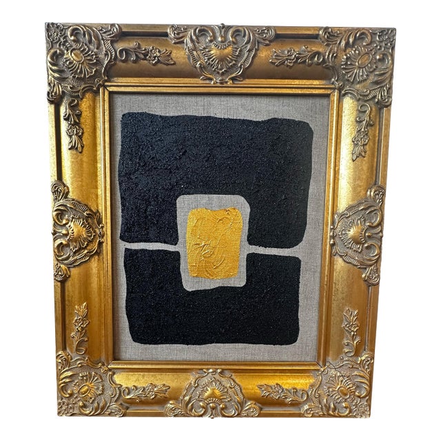 Gold and Carbon Painting on Spanish Linen Minimalist Painting, Framed For Sale