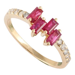 Baguette Cut Ruby Diamond Proposal Ring in 14k Solid Gold Size 7 For Sale
