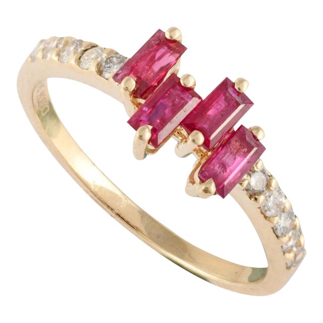 Baguette Cut Ruby Diamond Proposal Ring in 14k Solid Gold Size 7 For Sale