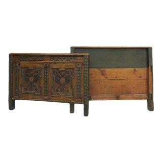 Early 19th Century European Painted Carved Headboard Footboard Bed Swiss German - 2 Pieces For Sale