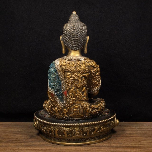 Art Deco Vintage Gilt Brass Shakyamuni Buddha Statue With Polychrome Robe & Lotus Base For Sale - Image 3 of 9
