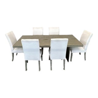 Restoration Hardware 7-Piece Dining Set With Modern Wood Table and White Chairs For Sale