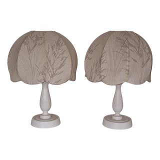 Vintage Bedside Lamps with Wooden Bases and Fabric Shades from Wigö, 1970s, Set of 2 For Sale