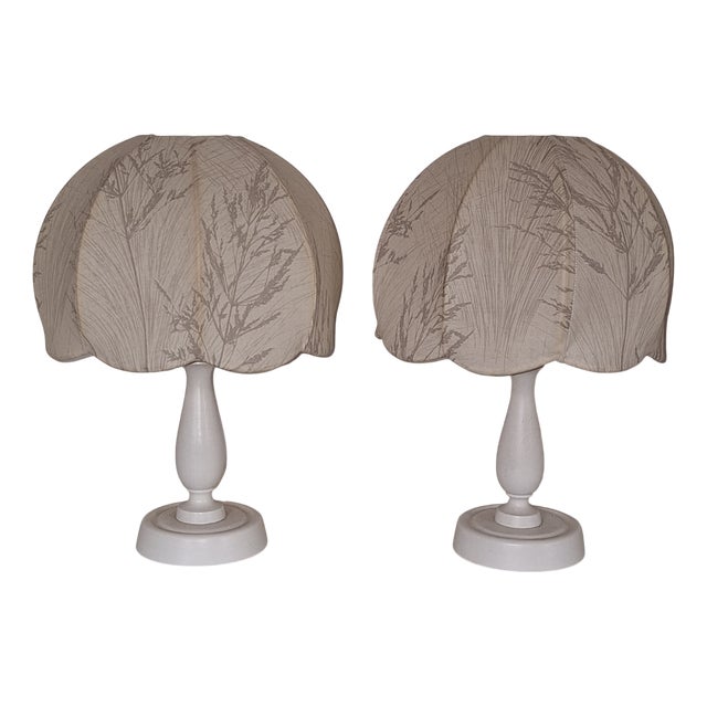 Vintage Bedside Lamps with Wooden Bases and Fabric Shades from Wigö, 1970s, Set of 2 For Sale