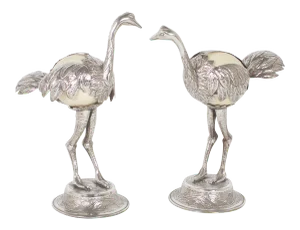 Mid-Century Silvered Ostrich Sculptures Constructed with Ostrich Eggs - A Pair