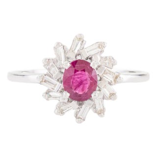 VRJewels Ruby & Baguette Diamond Halo Promise Ring Size 5 in 14k Gold For Sale