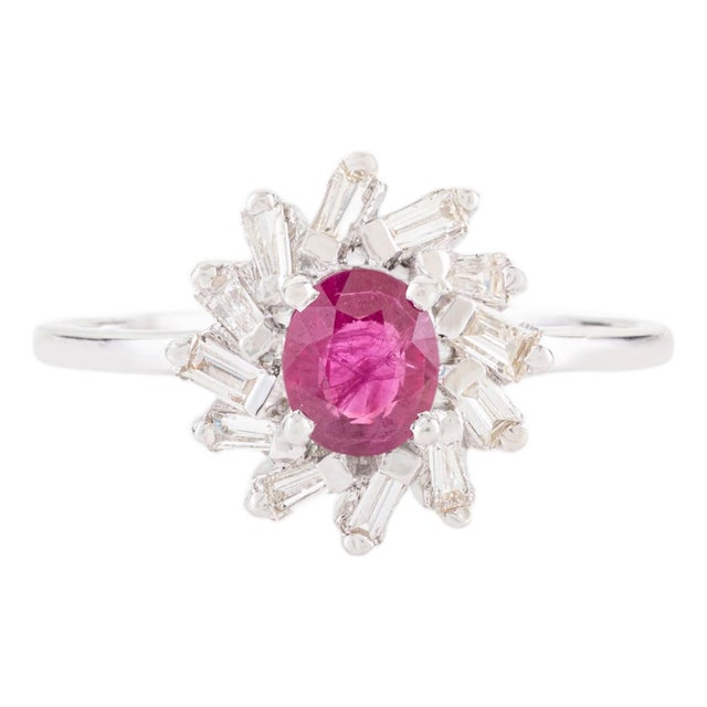 VRJewels Ruby & Baguette Diamond Halo Promise Ring Size 5 in 14k Gold For Sale