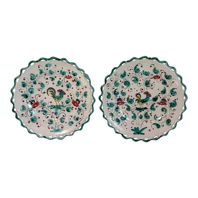 Vintage Italian Majolica Reticulated Deruta Rooster Wall Plates - A Pair For Sale