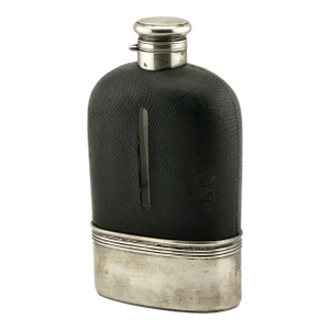 Fine Quality Antique Large 1 Pint Size Sterling Silver Crystal & Snakeskin Whiskey Travel Flask by Gorham Manufacturing Co.