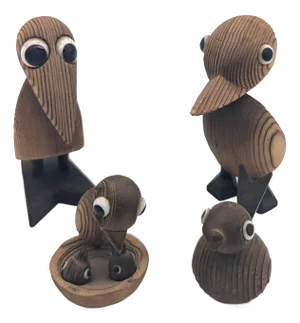 Vintage Japanese Cryptomeria Wood Bird Figurines, Set of 4