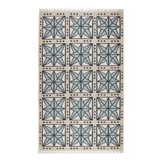 Part & Parcel Goods Wool Star Rug, 2’6” x 12', Celadon, Navy, Sky Blue and Eggshell For Sale