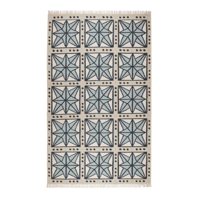 Part & Parcel Goods Wool Star Rug, 2’6” x 12', Celadon, Navy, Sky Blue and Eggshell For Sale