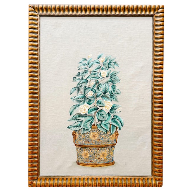 Late 20th Century Large Chinoiserie Panel Mixed Media Painting of a Potted Flowering Tree For Sale