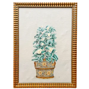 Late 20th Century Large Chinoiserie Panel Mixed Media Painting of a Potted Flowering Tree