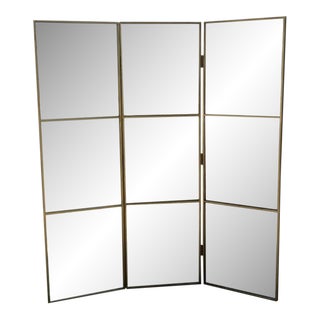 Restoration Hardware Aged Brass 3-Paneled Distressed Mirror Floor Screen For Sale