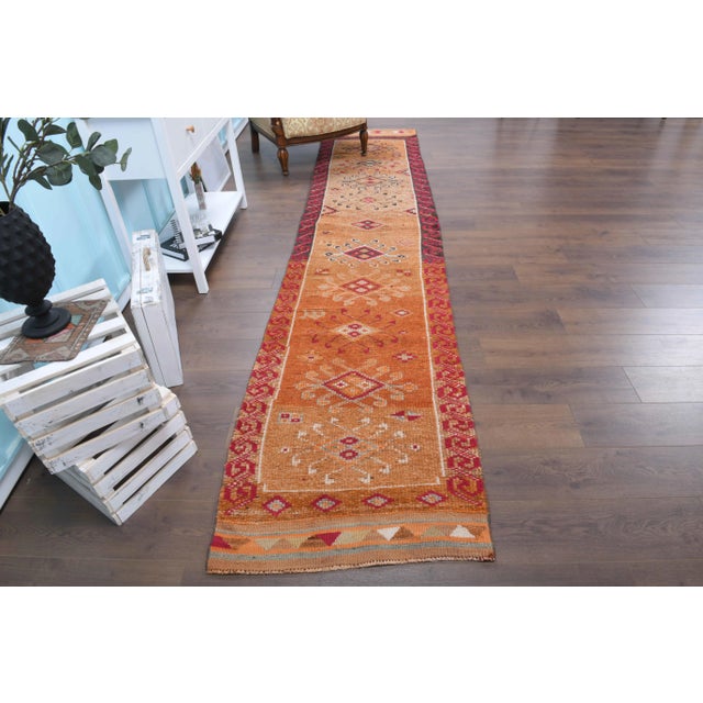 Vintage Turkish Hand-Knotted vintage rug is a semi-antique vintage runner rug.'70s Eastern region of Turkey's unique rug...