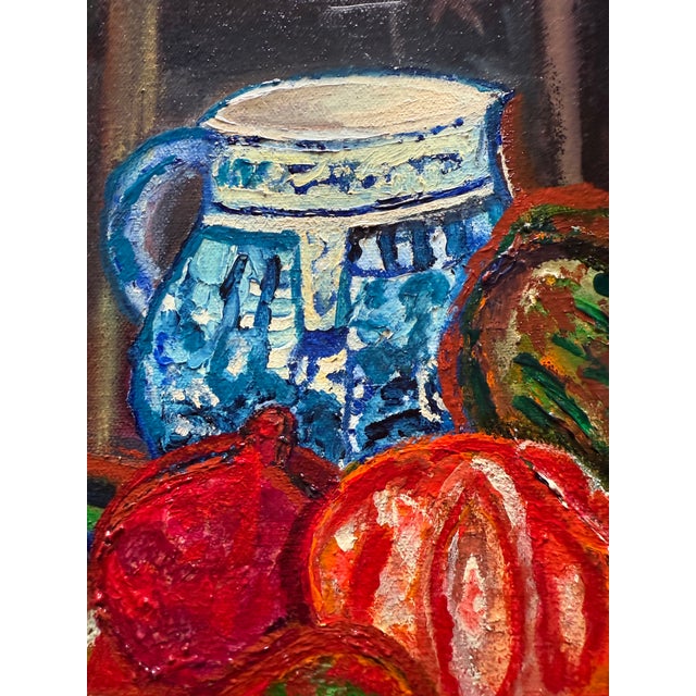 This oil painting is a modernist still life rooted in the early 21st century, drawing clear influence from Paul Cézanne in...