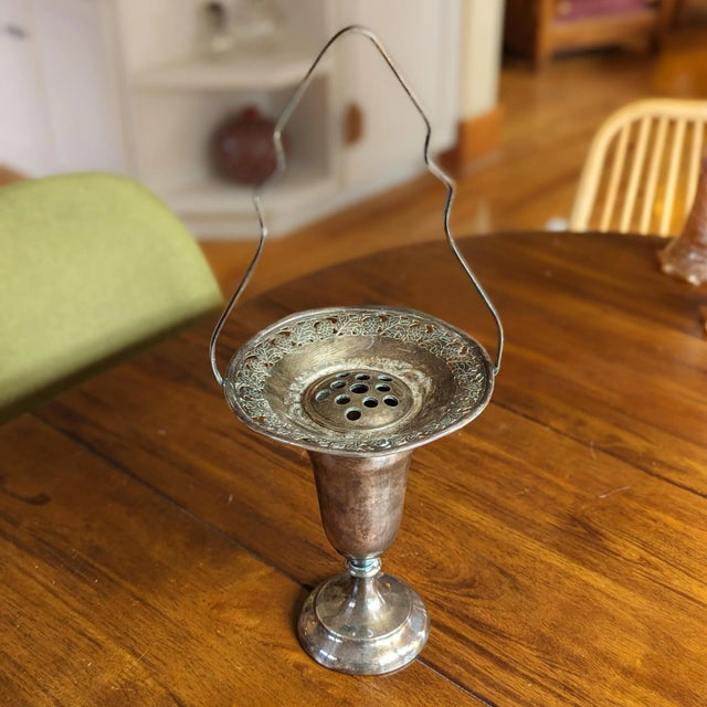 Early 20th Century Antique Silver Plated Reticulated Stem Vase Flower Basket With Lead Weighted Flower Frog and Handle, Made in Canada For Sale - Image 5 of 11