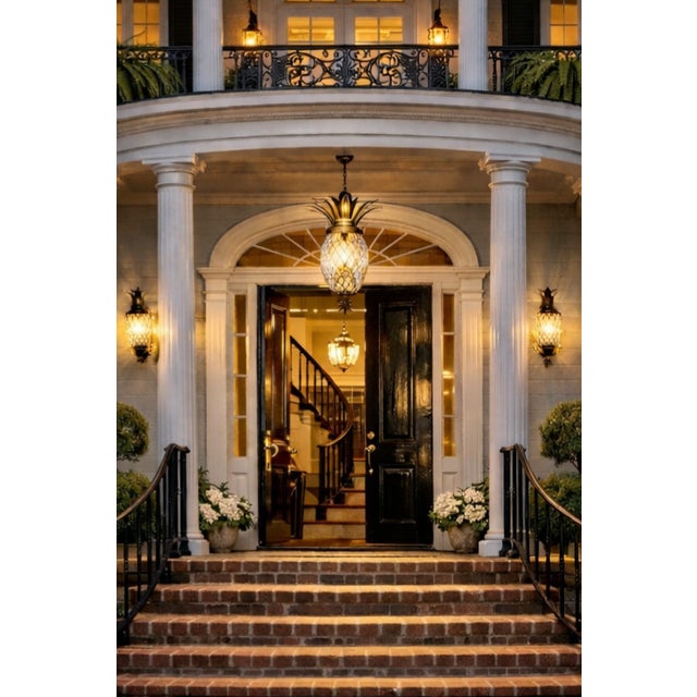 A beautifully crafted Hinkley solid brass pineapple hanging pendant from the Plantation Collection, featuring a cut optic...