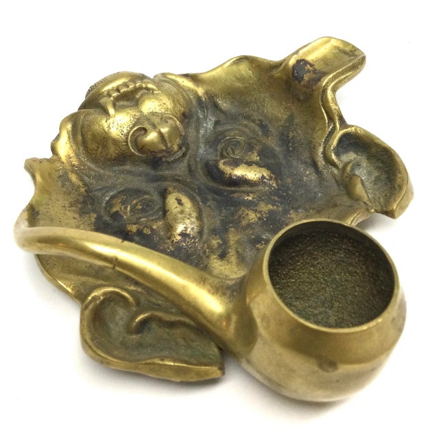 Metal Antique Victorian Solid Brass Carved Bulldog Ashtray Match Holder For Sale - Image 7 of 13