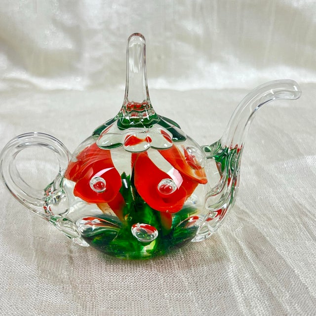 Red Joe St Clair Art Glass Mini Teapot Red Floral Controlled Bubble For Sale - Image 8 of 10
