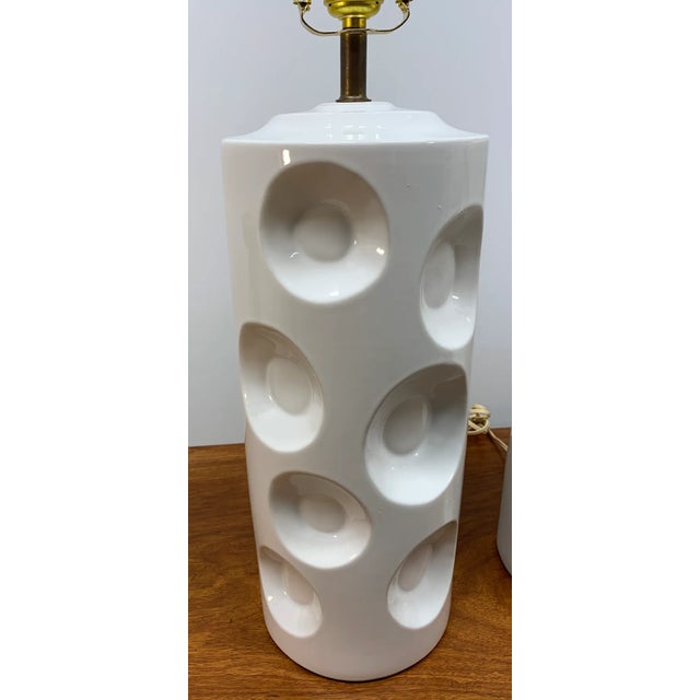 Pair of Mid 20th Century Swiss Cheese Style White Ceramic Table Lamps For Sale - Image 9 of 17