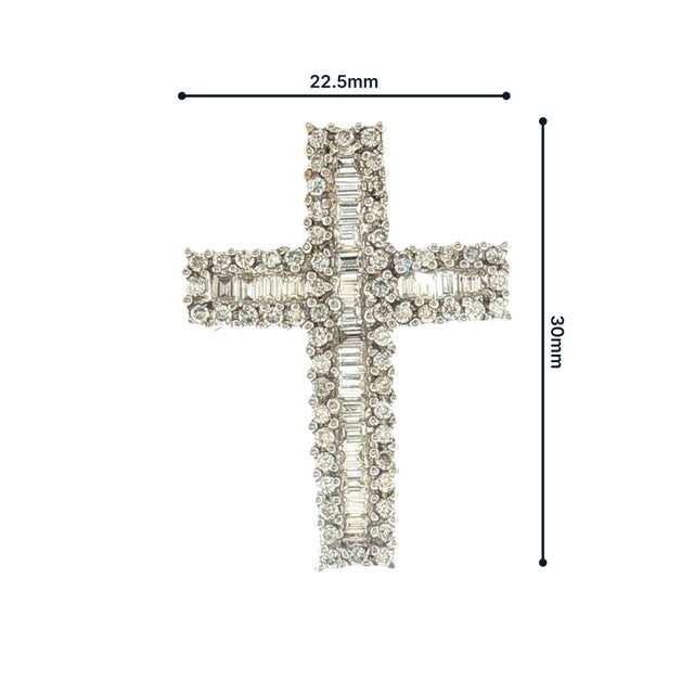 A diamond cross pendant featuring baguette and brilliant cut stones. The primary stones are baguette cut diamonds,...