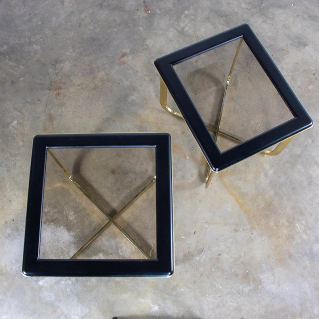 Late 20th Century Late 20th Century Modern End or Side Tables 1 Rectangle & 1 Square W/Glass Inset Tops & Brass Plate Bases For Sale - Image 5 of 18