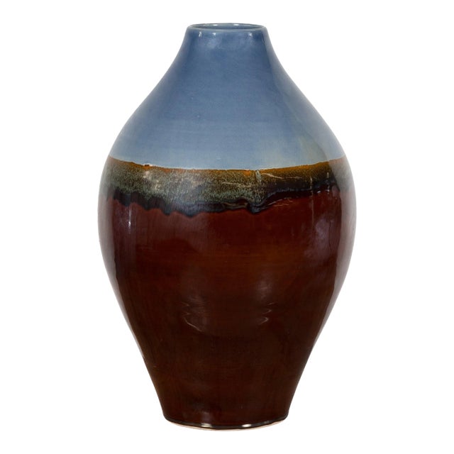 Contemporary Blue & Brown Glaze Ceramic Vase For Sale