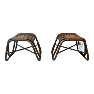 McGuire Heritage Rattan & Leather Laced Stools - a Pair For Sale