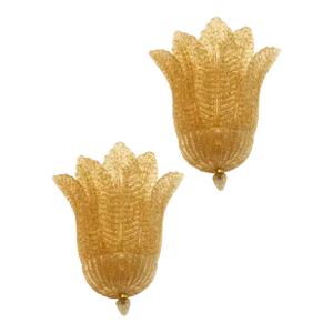 Set of Two Venetian Gold Graniglia “Leaf” Murano Glass Wall Sconces