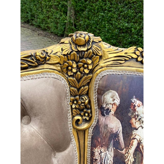 1970s French Louis XVI Tan Velvet Gilt Beech Settee For Sale - Image 6 of 17