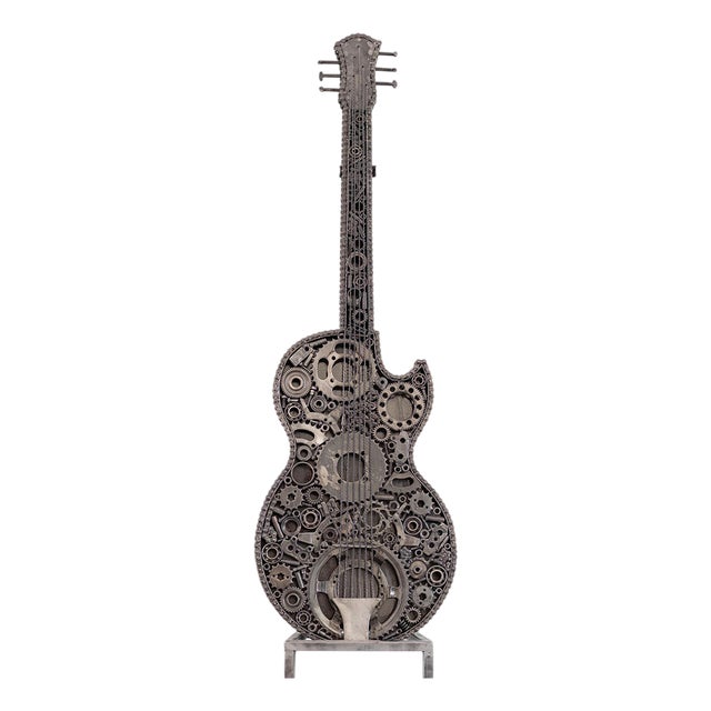 Handcrafted Recycled Metal Guitar Sculpture with Industrial Gears by Azele Studio For Sale