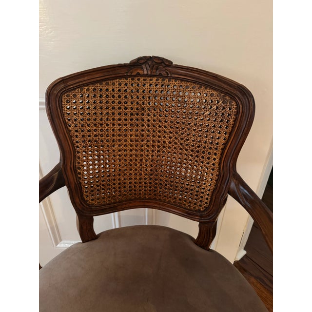 Vintage Petite Carved Wood Arm Chair With Cane Back and Suede Seat For Sale In New York - Image 6 of 12