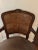Vintage Petite Carved Wood Arm Chair With Cane Back and Suede Seat For Sale In New York - Image 6 of 12