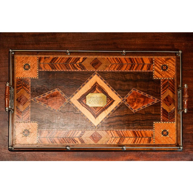 1910s Exceptional High Quality Antique Marquetry Inlaid Wood World War I Militaria Presentation Serving Tray Barware Home Decor For Sale - Image 5 of 15