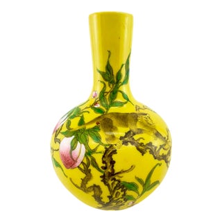 Vintage Chinese Yellow Famille Rose Monkey & Peach Porcelain Vase For Sale