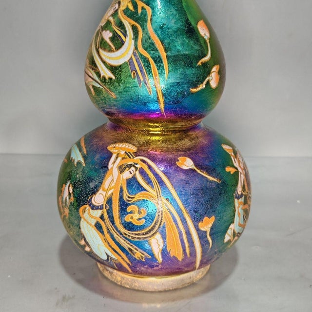 Iridescent Gourd Vase With Figural Motif | Colorful Ceramic Home Decor For Sale - Image 9 of 9