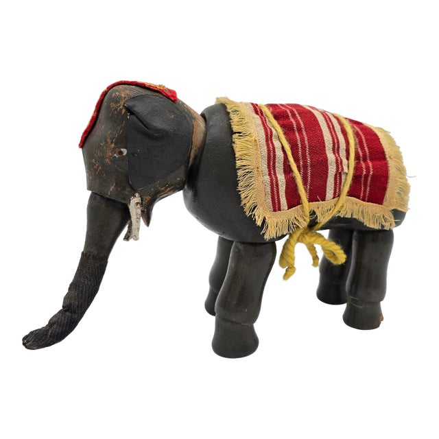 Antique German Schoenhut Humpty Dumpty Circus Elephant W. Blanket & Head Piece Wooden Toy For Sale