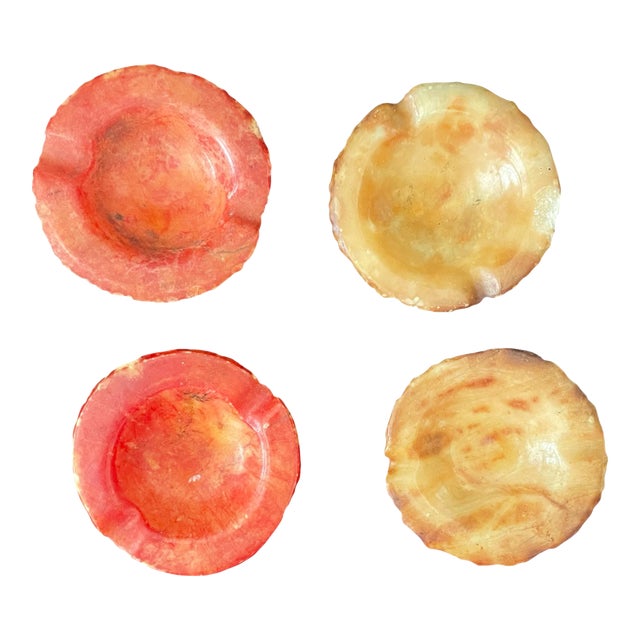 Set of 4 Vintage Hand Carved Primitive Red/Amber Italian Alabaster Ashtrays/Trinket Dishes For Sale