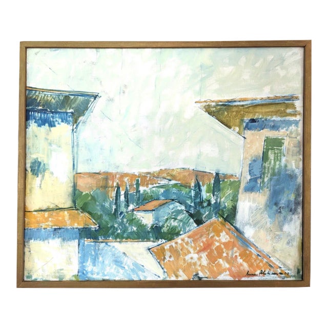 Mid-Century Modern "Rustic Houses" Vintage Swedish Landscape Oil Painting, Framed For Sale
