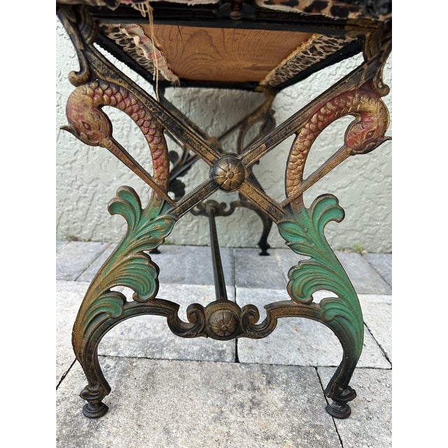 Vintage Mid 20th Century Cast Iron Bench With Leopard Print Upholstered Seat For Sale - Image 12 of 12