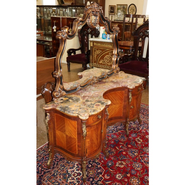 1920's French Style Marble Top Inlaid Walnut Vanity With Later Companion Mirror For Sale - Image 4 of 15