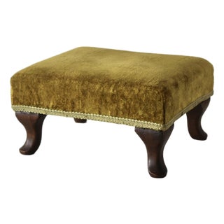 Vintage Queen Anne-Style Velvet Cushion Cabriole Legs Footstool Ottoman For Sale