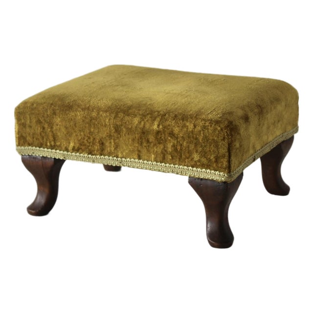 Vintage Queen Anne-Style Velvet Cushion Cabriole Legs Footstool Ottoman For Sale