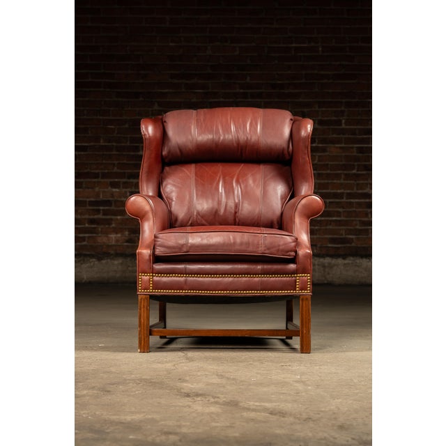 Traditional Vintage Leather Wingback Armchair With Ottoman in Red by Whittemore-Sherrill For Sale - Image 3 of 10