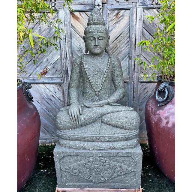Asian Vintage Stone Sitting Garden Buddha Statue For Sale - Image 3 of 8